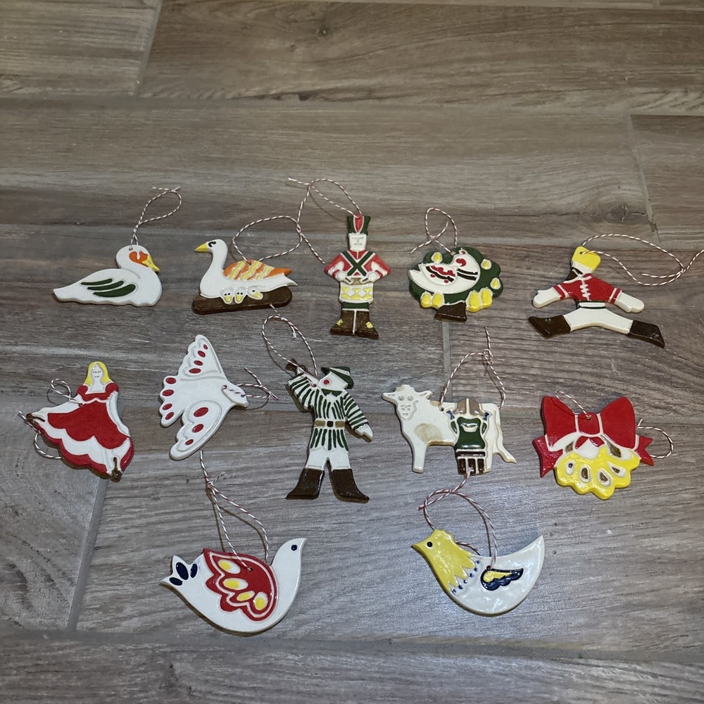 Vintage Style Handmade Ceramic 12 Days Of Christmas Ornaments 3"-4" Tall USA